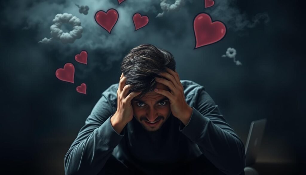 A tense, anxious person sits hunched, hands gripping their head, eyes wide with worry. Swirling clouds of distressed thoughts and physical symptoms - racing heart, clammy skin, furrowed brow - surround them. The lighting is muted, casting dramatic shadows, heightening the sense of unease. In the blurred background, a laptop or smartphone glows, representing the endless information that feeds the cycle of health anxiety. The overall composition conveys the overwhelming, all-consuming nature of this mental state, with the subject trapped in a vortex of intrusive concerns about their wellbeing.