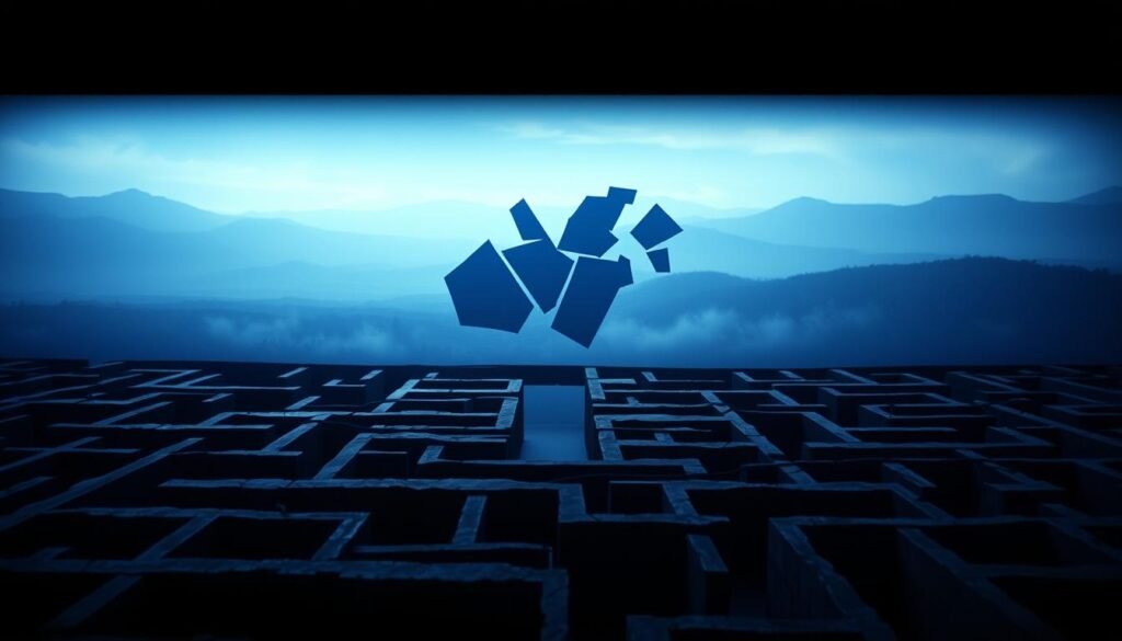 A thought-provoking visualization of cognitive biases. In the foreground, a maze-like structure of distorted shapes and lines, representing the complex, labyrinthine nature of human perception. Shades of blue, purple, and gray evoke a sense of introspection and mental processing. The middle ground features abstract, fragmented forms, symbolizing the biases and heuristics that influence our decision-making. In the background, a faint, dreamlike landscape, hinting at the subconscious factors that shape our worldview. Dramatic chiaroscuro lighting casts dramatic shadows, emphasizing the hidden, unconscious nature of cognitive biases. The overall mood is one of contemplation, inviting the viewer to explore the intricacies of the human mind.