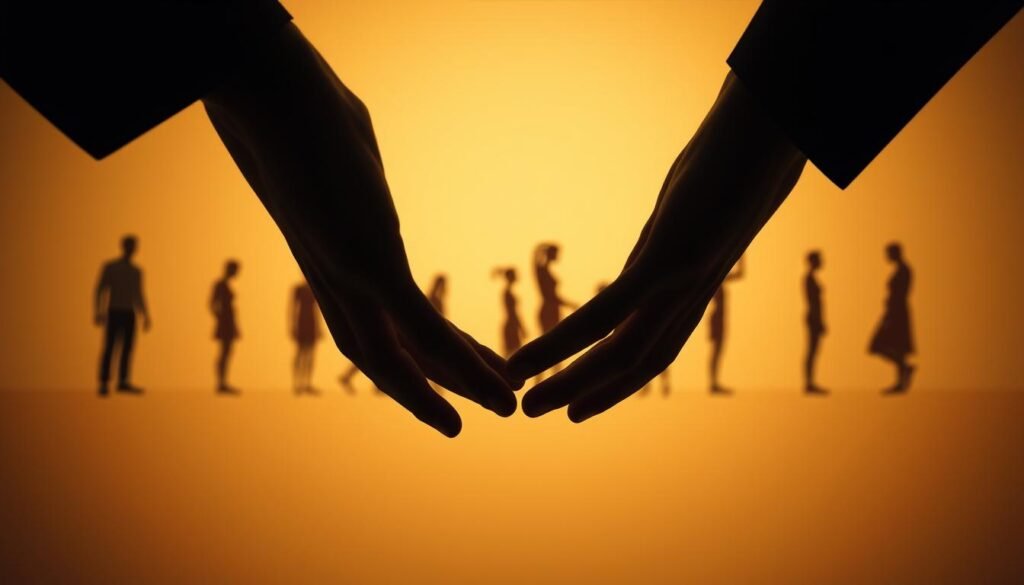 A thoughtful exploration of human attachment dynamics. In the foreground, a visual metaphor for communication - two hands reaching out, fingers intertwined, conveying connection and understanding. In the middle ground, subtle silhouettes of figures in various poses, each representing distinct attachment styles. The background is a soft, muted palette, evoking the complex, nuanced nature of relational attachment. Warm, diffused lighting casts a contemplative, introspective mood. The composition is balanced, with clean lines and a sense of harmonious flow, mirroring the themes of attachment theory. The overall aesthetic is minimalist yet emotive, inviting the viewer to reflect on the foundations of their own relationship dynamics. A thoughtful exploration of human attachment dynamics. In the foreground, a visual metaphor for communication - two hands reaching out, fingers intertwined, conveying connection and understanding. In the middle ground, subtle silhouettes of figures in various poses, each representing distinct attachment styles. The background is a soft, muted palette, evoking the complex, nuanced nature of relational attachment. Warm, diffused lighting casts a contemplative, introspective mood. The composition is balanced, with clean lines and a sense of harmonious flow, mirroring the themes of attachment theory. The overall aesthetic is minimalist yet emotive, inviting the viewer to reflect on the foundations of their own relationship dynamics.