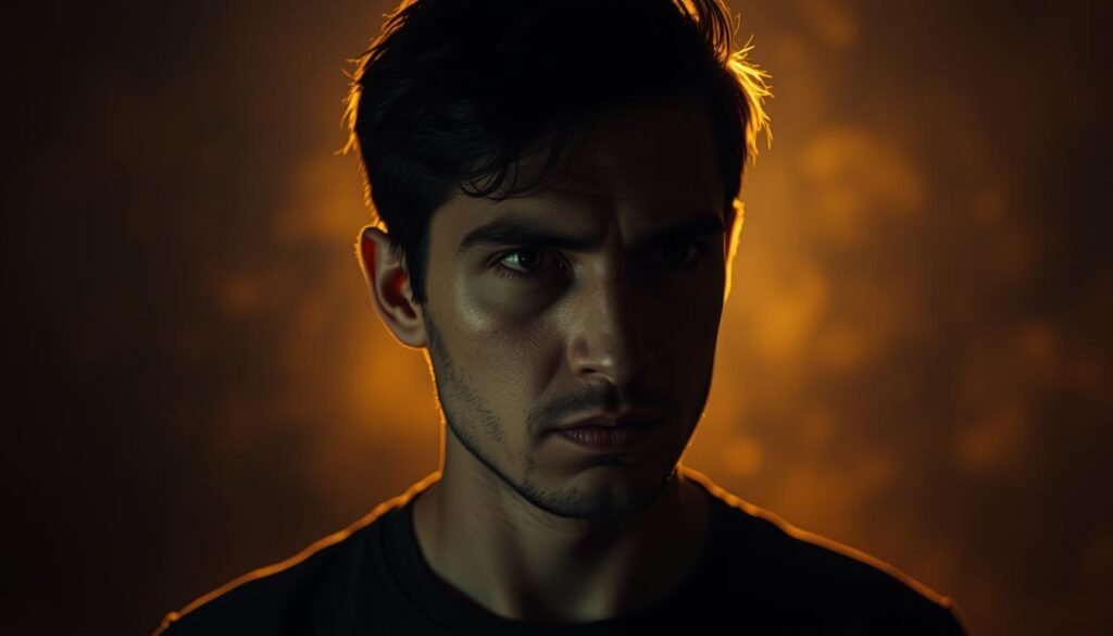 A thoughtful, introspective portrait of the perfectionist mindset. Depicts a person in a dimly lit, pensive pose, their face partially obscured by shadows. The background is a hazy, dreamlike landscape evoking a sense of inner turmoil and psychological complexity. Warm lighting from the side creates dramatic chiaroscuro effects, emphasizing the subject's furrowed brow and contemplative expression. The overall mood is one of quiet intensity, reflecting the driven, anxious nature of the perfectionist mindset. The image conveys the constant self-evaluation and pressure that perfectionists often experience.