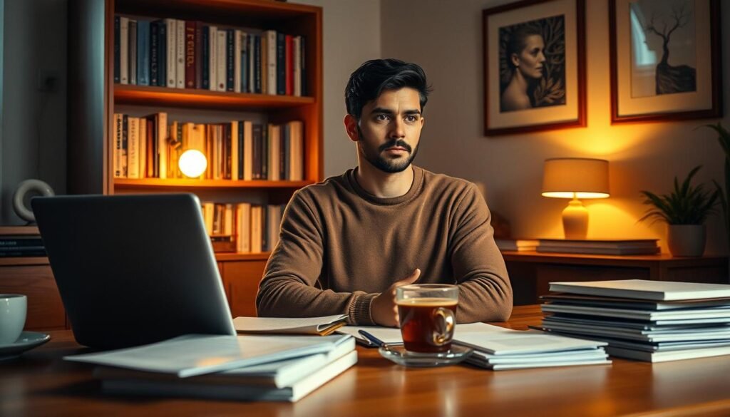 A thoughtful person sitting in a cozy office, carefully considering their options as they research potential therapists. The scene is bathed in warm, soft lighting, creating a contemplative atmosphere. The foreground features a neatly organized desk with a laptop, a stack of files, and a cup of hot tea. In the middle ground, the person is depicted in a pensive pose, their expression focused and introspective. The background showcases a bookshelf filled with psychology-related volumes, along with soothing artwork on the walls, suggesting a professional and welcoming environment. The overall mood conveys a sense of care, consideration, and the beginning of a transformative journey.