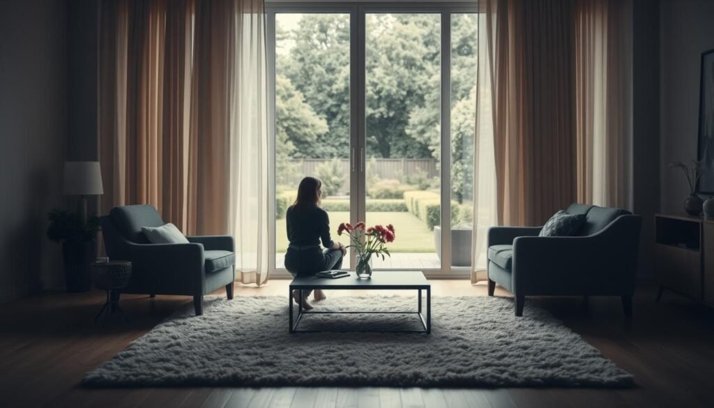 A tranquil living room with soft, natural lighting filtering through gauzy curtains. In the foreground, a cozy armchair and a plush rug create an inviting atmosphere. At the center, two figures sit facing each other, their body language open and engaged, conveying a sense of vulnerability and trust. The middle ground features a low coffee table with a vase of fresh flowers, symbolizing the growth and nurturing of their connection. In the background, a large window overlooks a serene garden, hinting at the expansive possibilities for their relationship. The overall mood is one of intimacy, honesty, and a shared journey towards rebuilding trust through transparent communication.