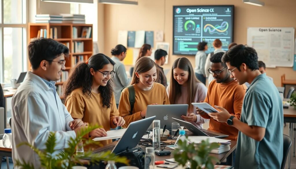 A vibrant and dynamic scene of young students engaged in open science practices. In the foreground, a group of diverse students collaboratively examining data on their laptops, surrounded by an array of scientific instruments and materials. In the middle ground, others are animatedly discussing research findings, exchanging ideas, and accessing online repositories. The background depicts a modern university library or research lab, with shelves of books, scientific posters, and a large display screen showcasing open-source software. Warm, natural lighting filters through the windows, creating an atmosphere of intellectual curiosity and exploration. The overall mood conveys a sense of student empowerment, knowledge-sharing, and a commitment to the principles of open science. A vibrant and dynamic scene of young students engaged in open science practices. In the foreground, a group of diverse students collaboratively examining data on their laptops, surrounded by an array of scientific instruments and materials. In the middle ground, others are animatedly discussing research findings, exchanging ideas, and accessing online repositories. The background depicts a modern university library or research lab, with shelves of books, scientific posters, and a large display screen showcasing open-source software. Warm, natural lighting filters through the windows, creating an atmosphere of intellectual curiosity and exploration. The overall mood conveys a sense of student empowerment, knowledge-sharing, and a commitment to the principles of open science.