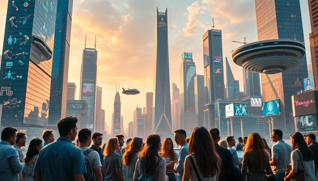 A vibrant, futuristic cityscape with towering skyscrapers reaching towards the sky, their sleek facades reflecting the glow of holographic displays. In the foreground, a diverse group of people are gathered, engaged in lively discussions, their avatars and digital identities intertwined. The background is a kaleidoscope of technological advancements, from autonomous vehicles to floating platforms, hinting at the endless possibilities for social connections and identity formation in the years to come. Warm, diffused lighting casts a sense of wonder and optimism, as the viewer is invited to imagine the future directions of social identity research. A vibrant, futuristic cityscape with towering skyscrapers reaching towards the sky, their sleek facades reflecting the glow of holographic displays. In the foreground, a diverse group of people are gathered, engaged in lively discussions, their avatars and digital identities intertwined. The background is a kaleidoscope of technological advancements, from autonomous vehicles to floating platforms, hinting at the endless possibilities for social connections and identity formation in the years to come. Warm, diffused lighting casts a sense of wonder and optimism, as the viewer is invited to imagine the future directions of social identity research.
