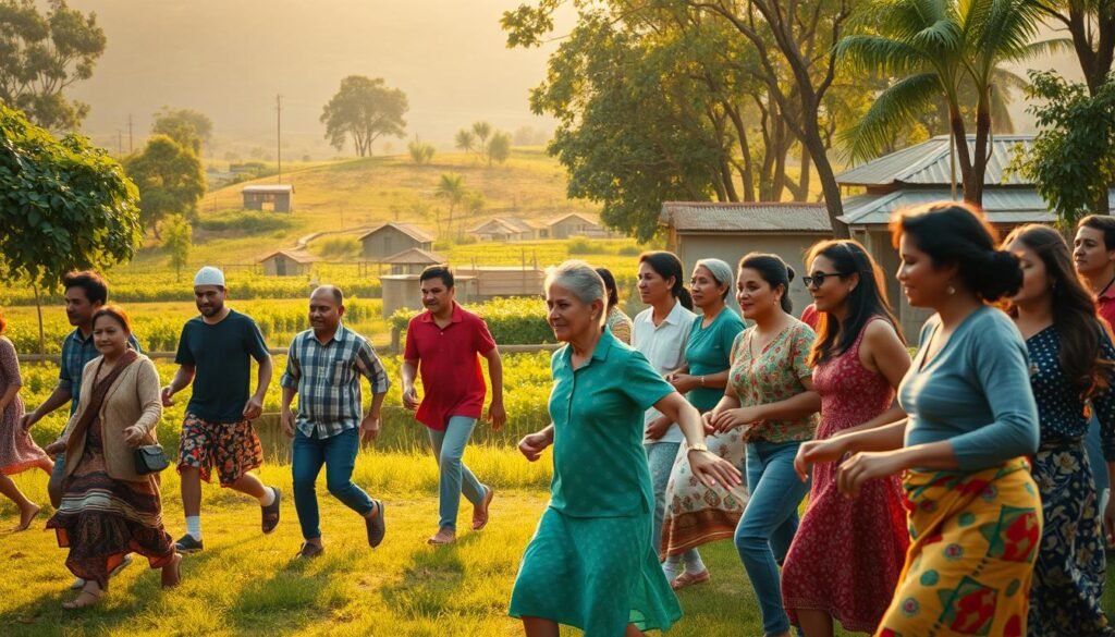 A vibrant, harmonious scene of a community engaged in healthy conformity. In the foreground, a group of people of diverse ages and backgrounds, their movements synchronized yet fluid, conveying a sense of unity and collective purpose. The middle ground features a lush, verdant landscape, dotted with simple, yet well-maintained structures, suggesting a thriving, sustainable environment. The background is bathed in warm, golden light, creating a serene, welcoming atmosphere. The overall composition evokes a sense of balance, cooperation, and a shared commitment to following beneficial societal norms, without stifling individual expression.