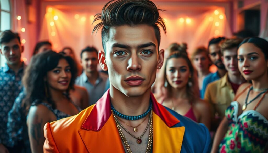 A vibrant, inclusive portrait of LGBTQ+ identity and cross-dressing. In the foreground, a confident individual adorned in a bold, colorful ensemble - a fusion of traditionally masculine and feminine elements. Their gaze exudes a powerful mix of self-assurance and vulnerability. The middle ground showcases a diverse array of supportive allies, each embracing their own unique expression of gender and sexuality. The background features a warm, dreamlike ambiance, with soft, ethereal lighting illuminating the scene, conveying a sense of acceptance, community, and the beauty in embracing one's true self.