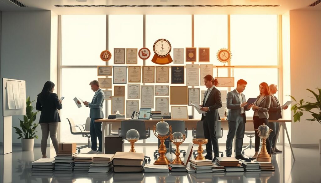 A visually striking and professional illustration of lucrative psychology-related careers in a modern, well-lit office setting. In the foreground, a group of diverse professionals in business attire engaged in various high-level tasks - analyzing data, conducting research, and leading team meetings. The middle ground showcases an array of certificates, diplomas, and awards, signifying the value and prestige of their psychology expertise. The background features a sleek, minimalist office space with large windows, allowing natural light to flood the scene and create a sense of openness and prosperity. Subtle yet impactful, conveying the substantial earning potential and career growth opportunities available to those with a psychology degree.