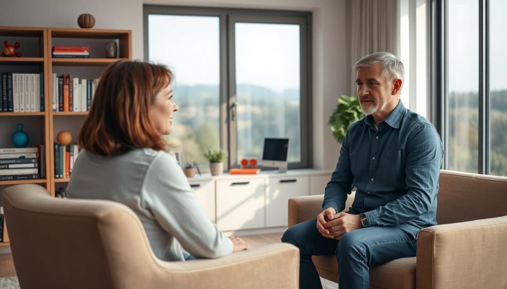 A warm and inviting office setting, with a comfortable armchair and a couch in the foreground. A clinical psychologist sits facing the client, their expression empathetic and attentive. In the middle ground, there are shelves filled with psychology books and various therapeutic tools, such as a stress ball and a fidget spinner. The background features a large window overlooking a peaceful, natural landscape, with soft, diffused lighting filtering through. The overall atmosphere conveys a sense of safety, professionalism, and the psychologist's dedication to helping their clients overcome personal challenges.