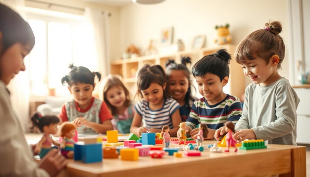 A warm, soft-lit interior scene with a group of diverse children exploring their identity through play. In the foreground, a child-sized table with blocks, dolls, and art supplies, hinting at the malleable nature of gender expression. In the middle ground, children of varying ages, genders, and backgrounds engage in imaginative activities, their faces radiating curiosity and joy. The background showcases a cozy, welcoming space filled with natural light, encouraging self-discovery and acceptance. The overall mood is one of understanding, empowerment, and the celebration of the fluidity of gender identity development.