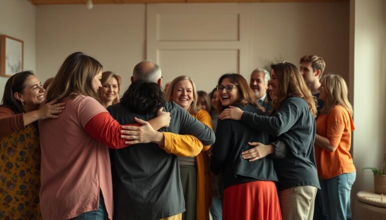 A warm, welcoming gathering of diverse individuals dressed in vibrant, expressive attire, supporting one another with open arms and compassionate smiles. The foreground depicts a group hug, a symbol of unity and understanding. In the middle ground, people of various ages, genders, and backgrounds engage in heartfelt conversations, their faces alight with a sense of community and belonging. The background showcases a cozy, softly lit interior, with muted tones and natural textures, creating an atmosphere of comfort and acceptance. Soft, diffused lighting illuminates the scene, conveying a sense of intimacy and safety. The overall mood is one of empathy, camaraderie, and a celebration of self-expression.