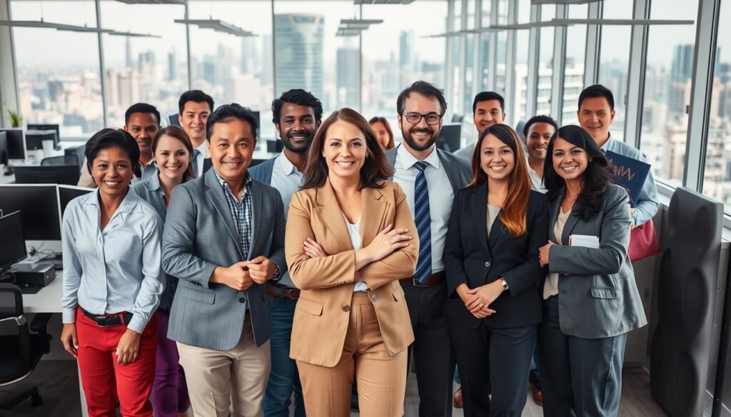 A well-lit, high-resolution photograph taken with a professional-grade DSLR camera. The foreground depicts a diverse group of people engaged in various psychology-related occupations, such as counseling, social work, human resources, and research. They are dressed in business attire and shown in dynamic poses, conveying a sense of purpose and professionalism. The middle ground features a backdrop of a modern office setting, with desks, computers, and other relevant equipment. The background showcases a cityscape, suggesting the wide range of employment opportunities available to those with a bachelor's degree in psychology. The overall mood is one of optimism, highlighting the versatility and potential of a psychology degree in the job market.