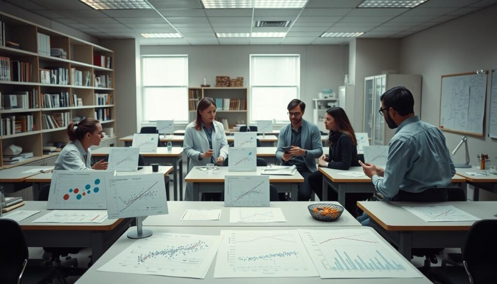 A well-lit laboratory setting, with rows of desks and chairs arranged in a study group configuration. On the desks, various charts, graphs, and scatterplots are displayed, showcasing the visual representation of correlation data. In the foreground, a group of researchers intently discussing their findings, gesturing towards the data visualizations. The background features shelves of books and scientific equipment, conveying an atmosphere of academic rigor and intellectual inquiry. Soft, diffused lighting illuminates the scene, creating a sense of thoughtful contemplation. The overall mood is one of focused, collaborative analysis, reflecting the importance of understanding the nuances of correlation in psychological research.