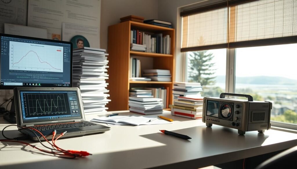 A well-lit workspace filled with an array of power analysis tools, including a laptop displaying regression models, a statistical software interface, and stacks of research papers. In the foreground, a digital multimeter and oscilloscope sit on a clean, organized desk, casting subtle shadows. The middle ground features a bookshelf stocked with reference materials, while the background showcases a window overlooking a serene, natural landscape, providing a calming atmosphere for focused research.