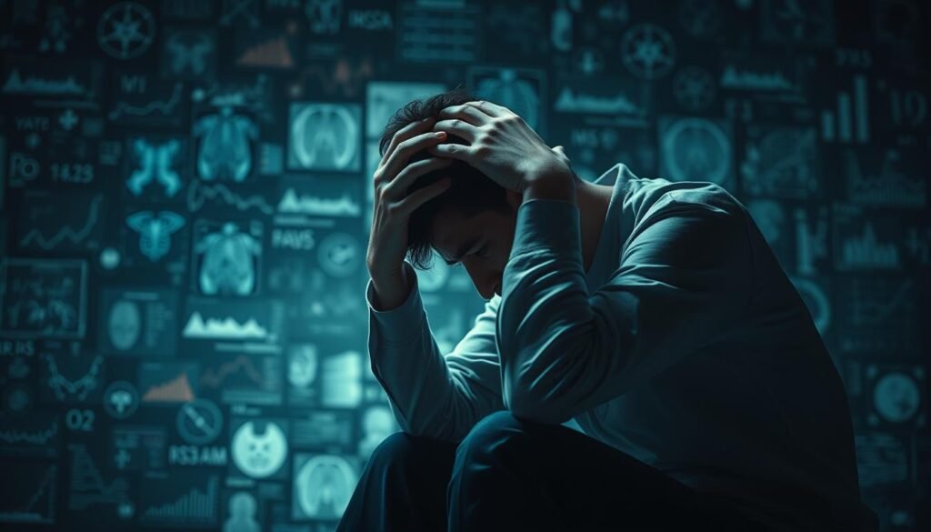 A worried individual sits hunched over, clutching their head, surrounded by a swirling mass of disembodied medical symbols and diagnostic imagery. The scene is bathed in a harsh, clinical lighting that casts deep shadows, conveying a sense of unease and anxious introspection. The foreground figure's expression is one of distress, their body language suggesting a struggle to make sense of their perceived health concerns. The background is a hazy, blurred collage of x-rays, graphs, and other diagnostic tools, creating a sense of overwhelming information and uncertainty. Dramatic angles and a shallow depth of field emphasize the subject's isolation and the intensity of their inner turmoil.