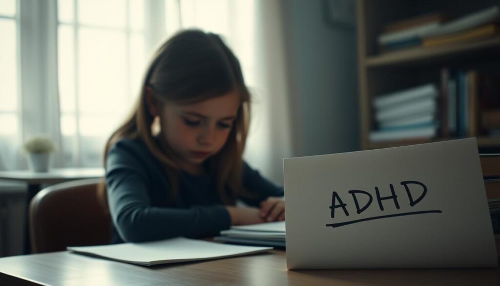 A young girl sits at a desk, her face downcast, surrounded by books and papers. The room is dimly lit, casting shadows that hint at the internal struggle. In the foreground, a doctor's note with the word "ADHD" stands out, while the girl's expression conveys a sense of misunderstanding and confusion. The background is hazy, suggesting the disconnect between the girl's symptoms and the lack of recognition. Soft, muted colors and a subdued palette create an atmosphere of melancholy and unease, reflecting the challenges faced by girls with ADHD who are often overlooked or misdiagnosed.