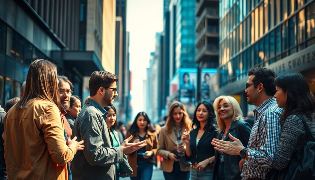 An urban street scene with a group of people engaged in lively discussion, gesturing animatedly and exchanging ideas. The foreground features a diverse array of individuals, each with a distinct style and expression, suggesting a dynamic social interaction. In the middle ground, passersby are drawn into the conversation, reflecting the contagious nature of social influence. The background showcases a vibrant cityscape, complete with modern architecture and a sense of bustling activity, emphasizing the real-world context of this social phenomenon. The lighting is warm and natural, casting a glow on the scene and creating a sense of approachability and connection. The overall composition conveys the power of social influence in shaping our decisions and behaviors in everyday life.
