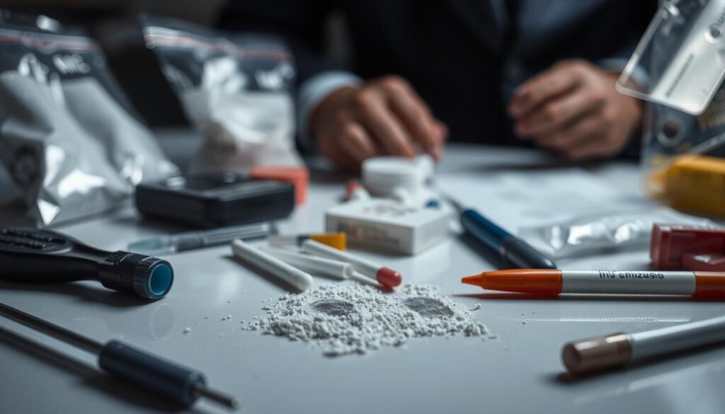 Detailed close-up of a police crime scene investigation, with a variety of forensic evidence items arranged meticulously on a clean, well-lit surface. Sharply focused, with carefully controlled studio lighting to accentuate texture and color. Includes fingerprint dust, swabs, evidence bags, and small tools. The scene conveys a sense of professionalism, precision, and a methodical approach to gathering and documenting crucial information. The overall mood is one of analytical focus, with a hint of gravity, as the investigator uncovers clues to solve the case.
