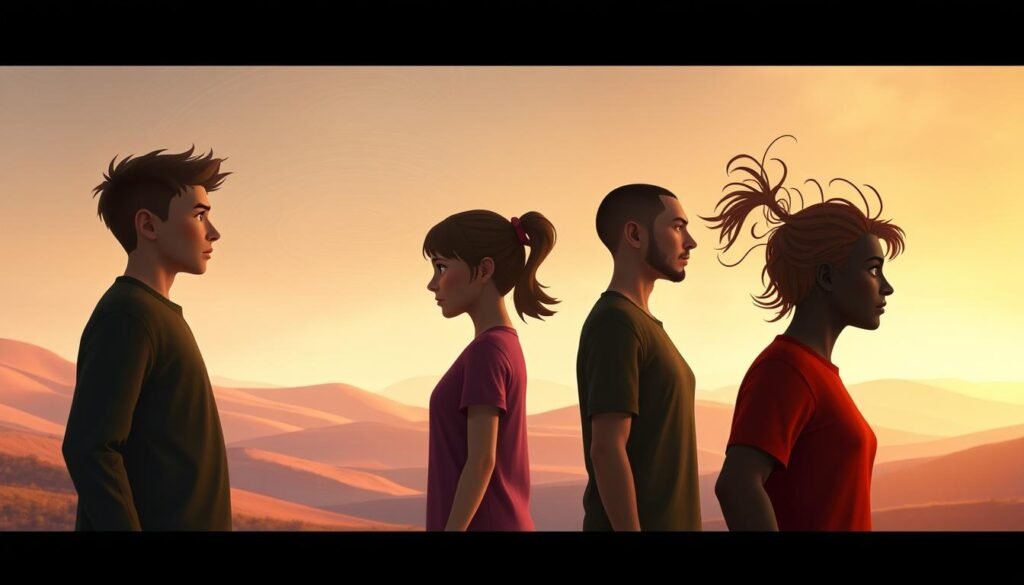 Lively digital artwork depicting the four attachment styles. In the foreground, four distinct figures representing secure, anxious, avoidant, and disorganized attachment, each with expressive body language and facial expressions. The middle ground features an abstract landscape with swirling pastel hues, symbolic of the complex emotional terrain of interpersonal relationships. The background is bathed in warm, diffused lighting, creating a contemplative, psychological atmosphere. The composition is balanced and harmonious, inviting the viewer to explore the nuances of human attachment. Lively digital artwork depicting the four attachment styles. In the foreground, four distinct figures representing secure, anxious, avoidant, and disorganized attachment, each with expressive body language and facial expressions. The middle ground features an abstract landscape with swirling pastel hues, symbolic of the complex emotional terrain of interpersonal relationships. The background is bathed in warm, diffused lighting, creating a contemplative, psychological atmosphere. The composition is balanced and harmonious, inviting the viewer to explore the nuances of human attachment.