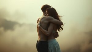 Serene portrait of human connection, showcasing the intricate attachment styles that shape our relationships. In the foreground, an embrace between two figures, their bodies intertwined in a soft, warm light. Surrounding them, a blurred, dreamlike landscape of muted hues, evoking a sense of emotional intimacy and vulnerability. Wispy, ethereal brushstrokes create a sense of fluidity and emotional resonance, while the composition guides the viewer's gaze towards the central connection. Subtle, muted colors and a delicate, atmospheric depth of field heighten the intimate, contemplative mood. The overall image conveys the profound and complex nature of human attachment, inviting the viewer to reflect on the relational landscapes that define our lives.