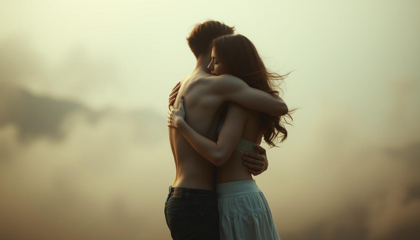 Serene portrait of human connection, showcasing the intricate attachment styles that shape our relationships. In the foreground, an embrace between two figures, their bodies intertwined in a soft, warm light. Surrounding them, a blurred, dreamlike landscape of muted hues, evoking a sense of emotional intimacy and vulnerability. Wispy, ethereal brushstrokes create a sense of fluidity and emotional resonance, while the composition guides the viewer's gaze towards the central connection. Subtle, muted colors and a delicate, atmospheric depth of field heighten the intimate, contemplative mood. The overall image conveys the profound and complex nature of human attachment, inviting the viewer to reflect on the relational landscapes that define our lives.