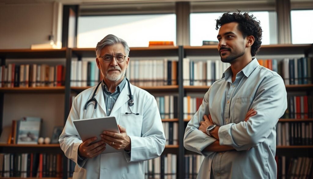 Two mental health professionals, a psychiatrist and a psychologist, stand side-by-side in a modern, well-lit office. The psychiatrist, dressed in a crisp white coat, holds a clipboard and exudes an air of clinical authority. The psychologist, in a casual button-down shirt, leans forward with an empathetic expression, suggesting a more interpersonal approach. Behind them, a bookshelf filled with psychology journals and medical texts creates a scholarly backdrop. Warm, natural lighting filters through large windows, casting a contemplative glow on the scene. The composition highlights the distinct yet complementary roles these two professionals play in the field of mental healthcare.