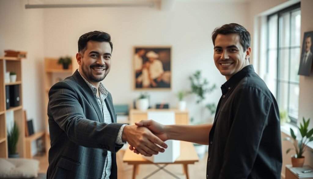 Two people shaking hands in a cozy, well-lit office setting. The foreground features the handshake, with the subjects' faces visible and expressing friendly, open body language. The middle ground shows a modest but tastefully decorated office space, with a desk, chairs, and a plant or two. The background is softly blurred, suggesting a pleasant, inviting atmosphere. The lighting is warm and natural, creating a sense of approachability and rapport. The camera angle is slightly elevated, giving a sense of intimacy and connection between the two individuals.