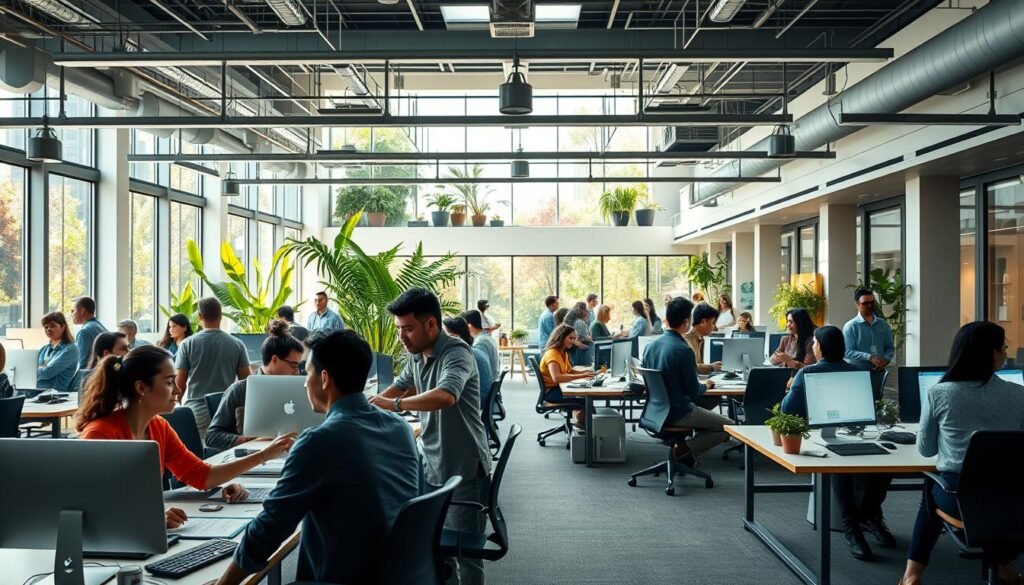 A bustling office space filled with engaged employees, captured through a wide-angle lens. In the foreground, a group of coworkers collaborating at a modern, minimalist workstation, their expressions animated as they discuss ideas. The middle ground reveals an open floor plan with a mix of private workspaces and communal areas, where colleagues engage in lively conversations and brainstorming sessions. The background showcases a vibrant, sun-drenched atrium, with lush greenery and natural light filtering through large windows, creating a sense of openness and rejuvenation. The overall atmosphere conveys a transformed workplace culture, where employee well-being and engagement are prioritized, reflecting the "quiet quitting" phenomenon.