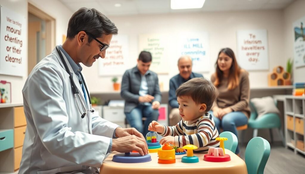 A warm and inviting scene illustrating early signs of autism diagnosis. In the foreground, a caring pediatrician in professional attire interacts with a young child who appears curious and engaged. The child is seated at a colorful play table, surrounded by educational toys that encourage communication and social interaction. The middle ground features supportive parents attentively observing the interaction, expressing concern and hope. The background showcases a softly lit pediatric office with calming colors and inspirational posters about child development. The atmosphere is nurturing and encouraging, emphasizing the importance of understanding and early intervention in a child’s life. The lighting is bright yet soft, creating a welcoming environment that fosters connection.