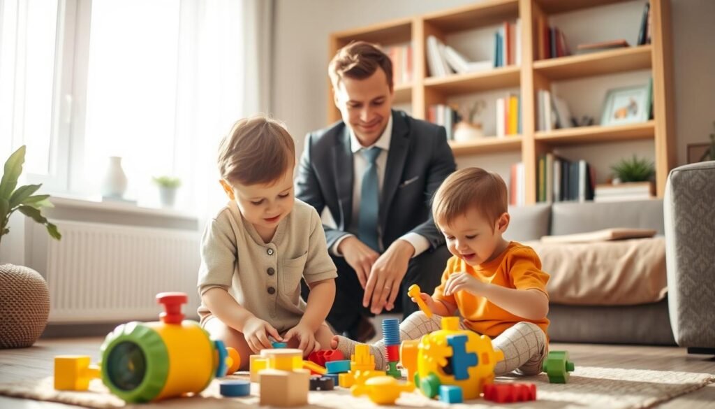 A warm, inviting scene set in a bright, softly lit family living room, showcasing a calm atmosphere for understanding Autism Spectrum Disorder. In the foreground, a child engaging with sensory toys, visibly curious and focused, dressed in modest casual clothing. In the middle, a parent, dressed in professional business attire, kneeling beside the child, maintaining a supportive and encouraging demeanor. Shelves in the background are filled with autism-related books and educational materials, adding depth to the understanding theme. The window allows soft, natural light to filter in, casting gentle shadows that enhance a sense of warmth and safety. The overall mood is nurturing and educational, emphasizing connection, understanding, and support.