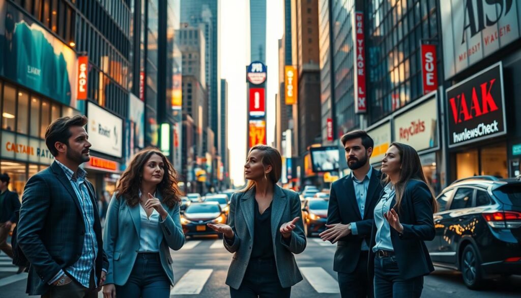 A bustling city street, bathed in the warm glow of late afternoon light. In the foreground, a group of young professionals stand at a crossroads, gazes contemplative as they ponder their next career move. Stylishly dressed in a mix of business attire and casual chic, they gesture animatedly, deep in discussion. The middle ground reveals a diverse backdrop of towering skyscrapers, neon-lit signage, and the constant flow of traffic. A sense of energy and possibility permeates the scene, as these individuals navigate the pivotal moments that will shape their professional trajectories.