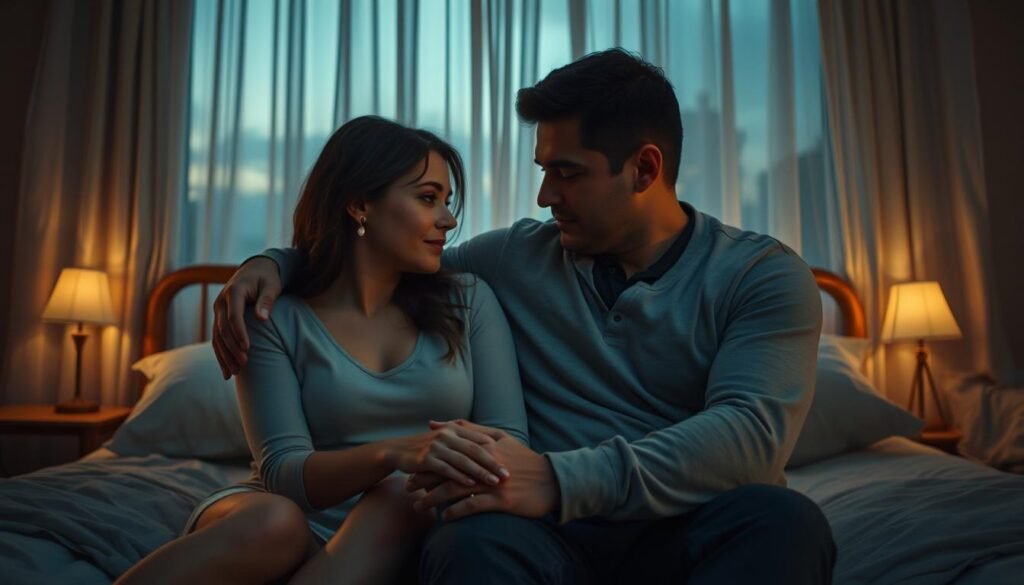 A cozy bedroom at dusk, soft lighting filtering through sheer curtains. On the bed, a couple sits close, their fingers intertwined, gazes locked in an intimate moment of tenderness. The woman's head rests gently on the man's shoulder as he wraps a comforting arm around her. Their expressions are serene, conveying a sense of emotional connection and trust. The scene evokes a feeling of vulnerability, safety, and the quiet intimacy that can be built through non-sexual touch.