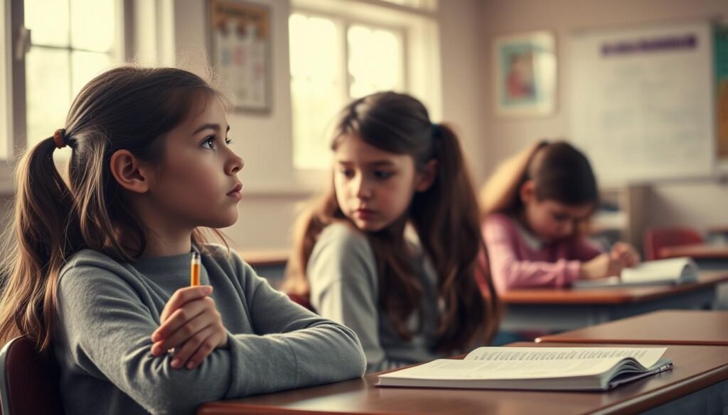 A cozy classroom setting, three young girls sitting at their desks, visibly distracted and disengaged. The foreground features one girl gazing out the window, pencil dangling from her hand, while another fidgets with a stray strand of hair. In the middle ground, the third girl appears to be doodling absentmindedly in her notebook, her eyes unfocused. Soft, natural lighting filters in through the classroom windows, casting a warm, pensive mood. The background is slightly blurred, emphasizing the girls' inattentive state. The scene conveys a sense of restlessness and a lack of focus, reflecting the unique ADHD experiences of young female students.