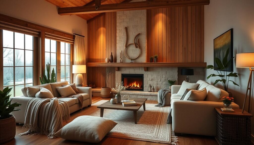 A cozy, intimate living room with warm, soft lighting, inviting neutral-toned furniture, and an abundance of natural textures like wood and plants. The space has a sense of calm and tranquility, creating a welcoming, safe environment for couples to engage in therapy. Indirect lighting from lamps and a fireplace casts a gentle glow, while large windows allow natural light to filter in, reinforcing the soothing, peaceful atmosphere. Plush throws, pillows, and rugs underfoot contribute to the overall sense of comfort and security, encouraging openness and vulnerability during the therapeutic process.