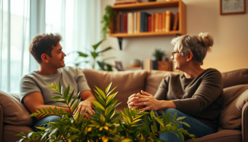 A cozy living room scene, warm lighting illuminating a pair of close friends seated on a comfortable couch, their body language conveying a sense of understanding and empathy. In the foreground, their hands are clasped, offering comfort and support. The middle ground features a lush houseplant, symbolic of nurturing and growth. In the background, a wall-mounted bookshelf with well-worn volumes, suggesting a space of wisdom and introspection. The overall atmosphere is one of trust, care, and a safe haven for open and vulnerable conversations. A cozy living room scene, warm lighting illuminating a pair of close friends seated on a comfortable couch, their body language conveying a sense of understanding and empathy. In the foreground, their hands are clasped, offering comfort and support. The middle ground features a lush houseplant, symbolic of nurturing and growth. In the background, a wall-mounted bookshelf with well-worn volumes, suggesting a space of wisdom and introspection. The overall atmosphere is one of trust, care, and a safe haven for open and vulnerable conversations.