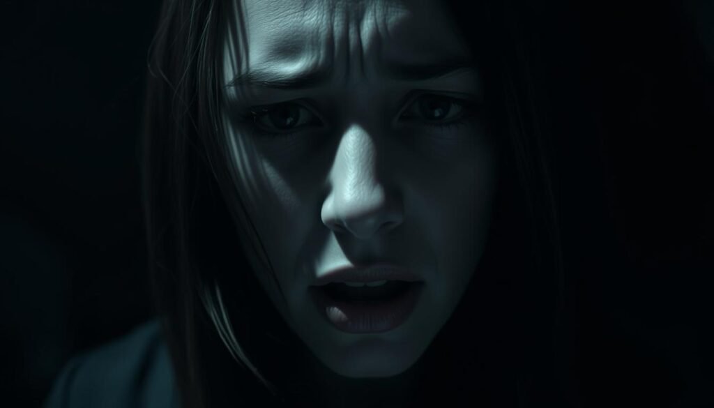 A despairing woman's face, her expression frozen in terror, as a hazy digital overlay distorts her features, evoking the sinister nature of deepfake technology. The background fades into a shadowy, sinister realm, ominous and foreboding, reflecting the gravity of sextortion attacks. Dramatic lighting casts dramatic shadows, emphasizing the gravity and weight of the subject matter. The overall mood is one of unease, vulnerability, and the violation of personal autonomy. Technical details like a shallow depth of field and a cinematic, dramatic angle further enhance the sense of distress and unease.