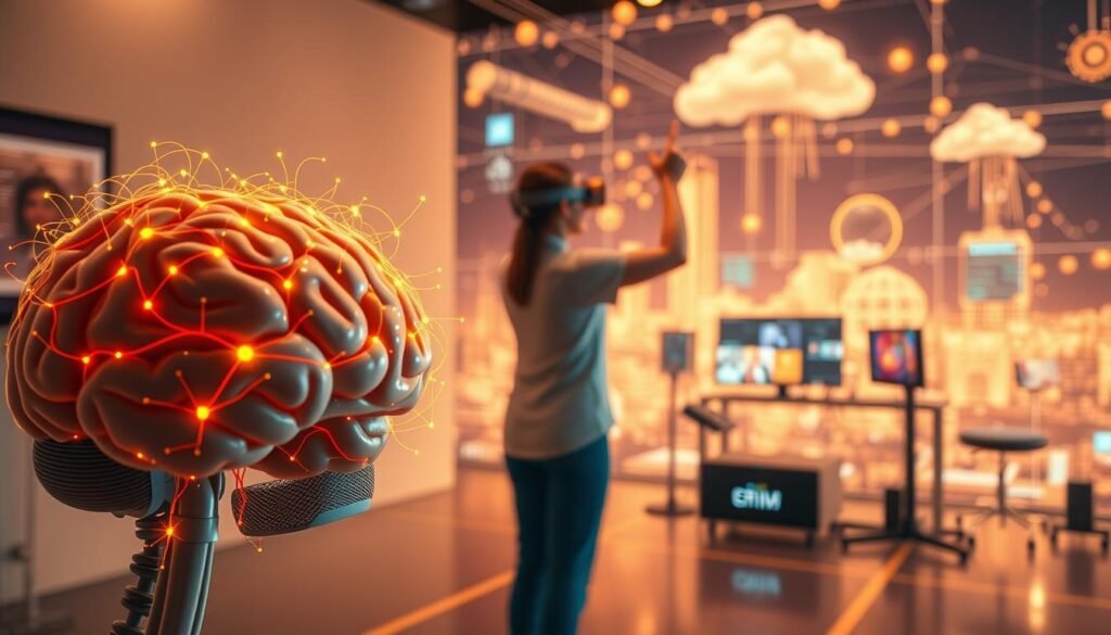 A detailed illustration of telerehabilitation neuroplasticity. In the foreground, a human brain model with neural pathways highlighted, showcasing the dynamic nature of brain rewiring during remote rehabilitation. In the middle ground, a person undergoing physical therapy exercises via a virtual reality setup, their movements and progress monitored remotely. In the background, a technological landscape of interconnected devices, cloud computing, and data analytics, enabling the remote delivery of personalized rehabilitation programs. Crisp, high-resolution image with warm, vibrant lighting, captured from a slightly elevated angle to convey the scientific and innovative nature of telerehabilitation. A detailed illustration of telerehabilitation neuroplasticity. In the foreground, a human brain model with neural pathways highlighted, showcasing the dynamic nature of brain rewiring during remote rehabilitation. In the middle ground, a person undergoing physical therapy exercises via a virtual reality setup, their movements and progress monitored remotely. In the background, a technological landscape of interconnected devices, cloud computing, and data analytics, enabling the remote delivery of personalized rehabilitation programs. Crisp, high-resolution image with warm, vibrant lighting, captured from a slightly elevated angle to convey the scientific and innovative nature of telerehabilitation.