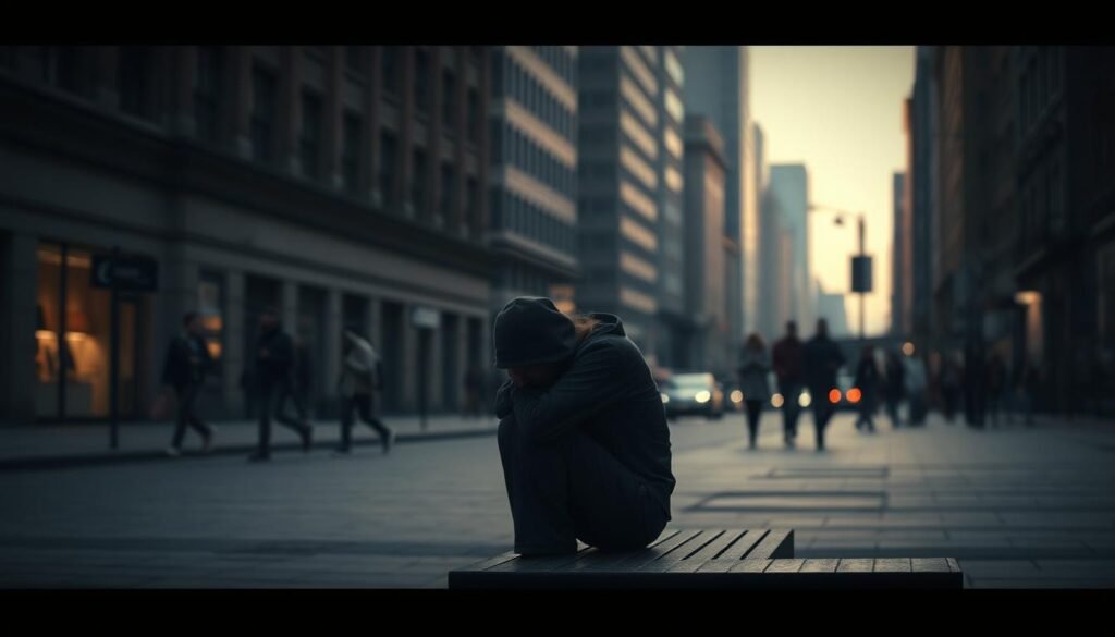 A dimly lit city street, the buildings casting long shadows against a washed-out sky. In the foreground, a lone figure huddled on a bench, their head bowed, lost in their own thoughts. The middle ground reveals a scattering of people walking by, each absorbed in their own devices, oblivious to the solitary figure. The background is blurred, hinting at the bustling city life that continues on, indifferent to the isolation felt by the individual. The scene is captured with a shallow depth of field, the focus drawing the viewer's attention to the central figure, conveying a sense of melancholy and disconnection in the modern urban landscape.
