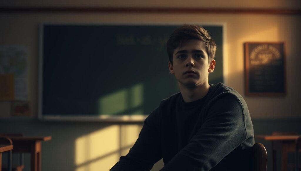 A dimly lit classroom with a chalkboard in the background, casting a warm glow. In the foreground, a teenage student sits alone, contemplating their identity, their expression a mix of uncertainty and introspection. Subtle shadows and highlights accentuate the sense of inner turmoil. The scene conveys the profound influence of the educational environment on the student's self-discovery, as they navigate the complexities of adolescence and the expectations placed upon them.