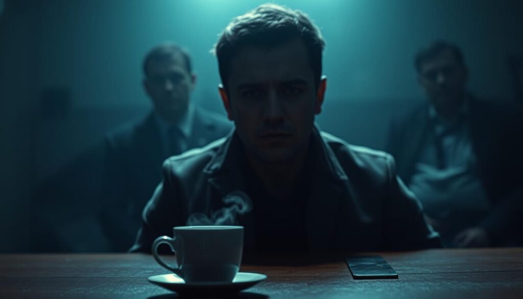 A dimly lit interrogation room, the suspect's face cast in shadows, a look of anguish and guilt etched upon their features. In the foreground, a table with a lone cup of coffee, the steam rising in wispy tendrils, symbolizing the psychological pressure of the situation. The background is hazy, a blurred reflection of the detectives observing, their expressions unreadable. The lighting is harsh, creating a sense of discomfort and unease, mirroring the internal turmoil of the individual being questioned. A clinical, clinical atmosphere pervades the scene, highlighting the complex interplay of power dynamics and the fragility of the human mind during the interrogation process.