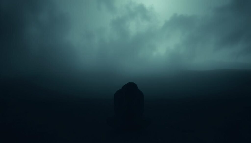 A dimly lit, introspective scene depicting the internal experience of depression. In the foreground, a solitary figure sits hunched, their head in their hands, conveying a sense of overwhelming sadness and hopelessness. The middle ground is shrouded in a hazy, gray atmosphere, symbolizing the pervasive cloud of melancholy that envelops the subject. In the background, a sparse, monochromatic landscape stretches out, devoid of vibrant color and life, mirroring the emotional emptiness and detachment often associated with depression. Soft, muted lighting casts long shadows, emphasizing the weight and gravity of the subject's inner turmoil. The overall composition and mood aim to illustrate the depth and complexity of depression, going beyond a simple &quot;feeling sad&quot; narrative.