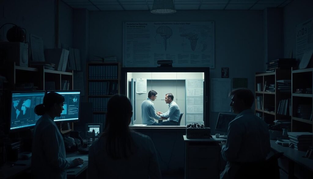 A dimly lit laboratory with an array of scientific equipment and behavioral observation instruments. In the foreground, a team of researchers intently studying data on multiple screens, their expressions focused and analytical. The middle ground features a one-way observation mirror, allowing a peek into a separate room where a subject is engaged in a psychological experiment. Soft, directional lighting casts dramatic shadows, creating an atmosphere of intense scrutiny and rigorous inquiry. The background is filled with bookshelves, reference materials, and charts detailing various behavioral models and theories. An air of serious contemplation pervades the scene, reflecting the meticulous nature of behavioral case study methodology. A dimly lit laboratory with an array of scientific equipment and behavioral observation instruments. In the foreground, a team of researchers intently studying data on multiple screens, their expressions focused and analytical. The middle ground features a one-way observation mirror, allowing a peek into a separate room where a subject is engaged in a psychological experiment. Soft, directional lighting casts dramatic shadows, creating an atmosphere of intense scrutiny and rigorous inquiry. The background is filled with bookshelves, reference materials, and charts detailing various behavioral models and theories. An air of serious contemplation pervades the scene, reflecting the meticulous nature of behavioral case study methodology.