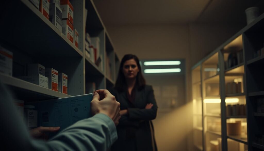 A dimly lit pharmacy interior, shelves sparsely stocked with pharmaceutical boxes. The foreground shows a pharmacist's hands frustratedly rummaging through the limited supply of ADHD medications. In the middle ground, a concerned patient waits, their expression reflecting the stress of the shortage. The background is hazy, conveying a sense of uncertainty and the wider implications of the scarcity. Muted colors and soft, warm lighting create an atmosphere of unease and concern. The overall scene evokes the challenges faced by both healthcare providers and individuals affected by the ADHD medication shortage. A dimly lit pharmacy interior, shelves sparsely stocked with pharmaceutical boxes. The foreground shows a pharmacist's hands frustratedly rummaging through the limited supply of ADHD medications. In the middle ground, a concerned patient waits, their expression reflecting the stress of the shortage. The background is hazy, conveying a sense of uncertainty and the wider implications of the scarcity. Muted colors and soft, warm lighting create an atmosphere of unease and concern. The overall scene evokes the challenges faced by both healthcare providers and individuals affected by the ADHD medication shortage.