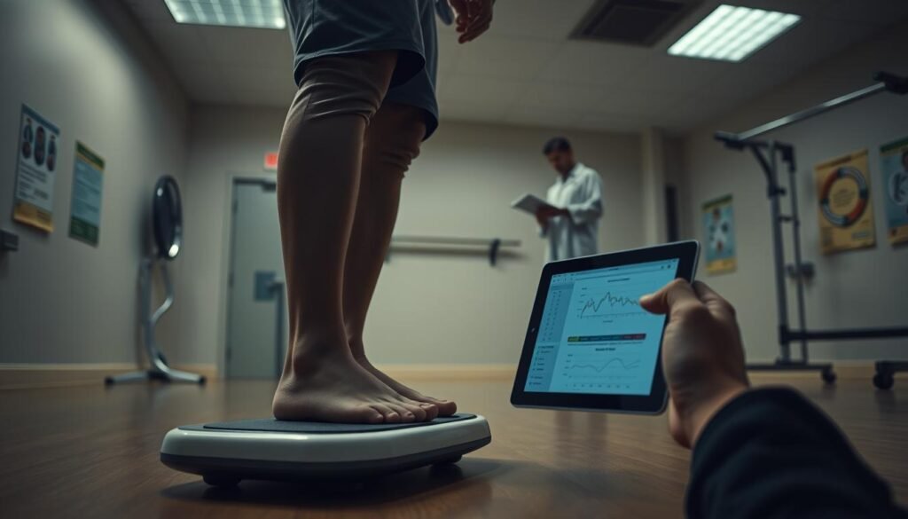 A dimly lit rehabilitation center with a patient standing on a balance board, carefully tracking their progress on a tablet device. The foreground shows the patient's feet, the board, and the tablet interface displaying graphs and metrics. The middle ground features a physical therapist observing and taking notes, while the background has exercise equipment, parallel bars, and medical posters lining the walls. The scene conveys a sense of focused determination and careful monitoring of the patient's gradual improvement, with warm, muted lighting and a calming atmosphere.