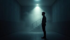 A dimly lit room, its walls adorned with invisible barriers, metaphorical glass ceilings that loom large yet remain intangible. In the foreground, a solitary figure stands, their expression pensive, gaze focused on the unseen obstacles that impede their progress. The middle ground is shrouded in a hazy, dreamlike atmosphere, accentuating the psychological nature of these barriers. In the background, a faint silhouette of a staircase, representing the potential for growth and advancement, is obscured by the intangible boundaries. The scene is lit by a single, subtle spotlight, casting dramatic shadows and emphasizing the sense of isolation and introspection. The overall tone is one of contemplation, highlighting the complex psychological factors that contribute to the experience of these invisible barriers.