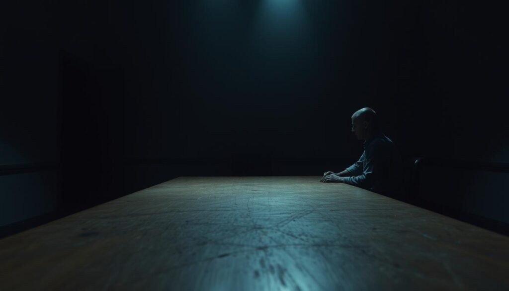 A dimly lit room, the air thick with tension. In the foreground, an interrogation table, its surface scarred by past interrogations. Two figures sit across from each other, one in a position of authority, the other tense and apprehensive. The lighting is harsh, casting dramatic shadows that accentuate the gravity of the situation. The walls are bare, lending an austere, institutional feel to the scene. The camera angle is low, creating a sense of vulnerability and unease, as if the viewer is a silent observer to this high-stakes encounter. The atmosphere is one of psychological pressure, where the power dynamics and tactics employed by the interrogator could lead to a false confession.