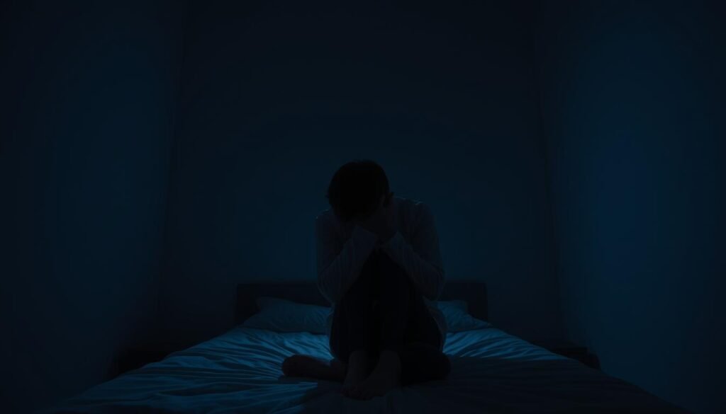 A dimly lit room, the walls painted in shades of gray, casting a melancholic atmosphere. In the center, a figure sits hunched on a bed, their head buried in their hands, conveying a sense of overwhelming isolation and despair. Shadows linger in the corners, symbolizing the weight of mental anguish. The lighting is soft and moody, creating a sense of introspection and vulnerability. The perspective is close-up, inviting the viewer to empathize with the subject's emotional state. The color palette is muted, with hints of blue and purple, reflecting the somber and introspective nature of the scene. The overall composition evokes a sense of loneliness and the profound impact it can have on mental health.