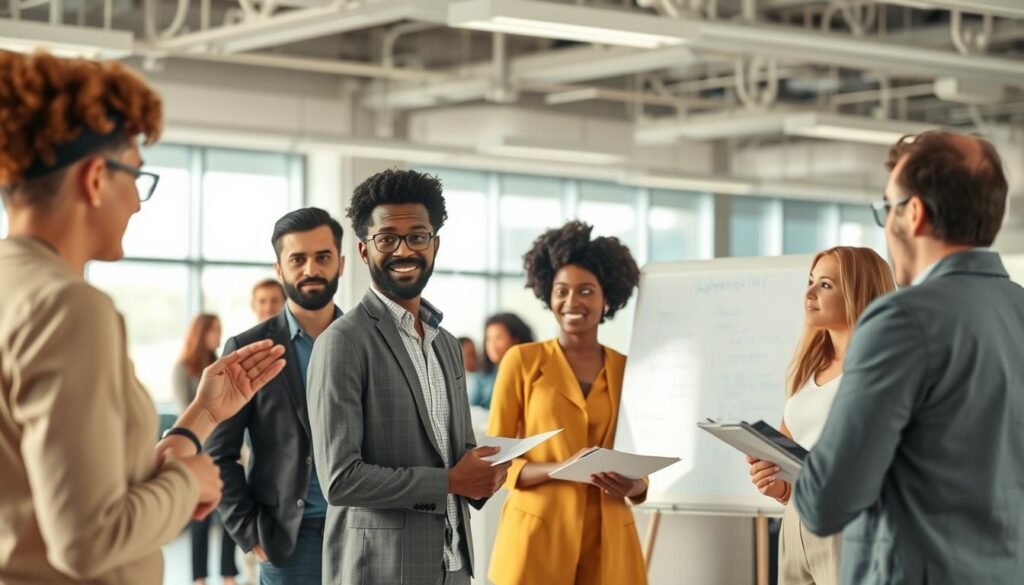 A diverse group of professionals engaged in a collaborative diversity training session in a bright, modern office. The foreground features an animated facilitator leading a discussion, gesturing towards a whiteboard displaying key concepts. In the middle ground, employees of various ages, races, and genders actively participate, exchanging ideas and taking notes. The background depicts an open-plan workspace with large windows, allowing natural light to flood the room and create an atmosphere of transparency and inclusivity. The overall mood is one of engagement, thoughtfulness, and a shared commitment to fostering a welcoming, equitable workplace culture. A diverse group of professionals engaged in a collaborative diversity training session in a bright, modern office. The foreground features an animated facilitator leading a discussion, gesturing towards a whiteboard displaying key concepts. In the middle ground, employees of various ages, races, and genders actively participate, exchanging ideas and taking notes. The background depicts an open-plan workspace with large windows, allowing natural light to flood the room and create an atmosphere of transparency and inclusivity. The overall mood is one of engagement, thoughtfulness, and a shared commitment to fostering a welcoming, equitable workplace culture.