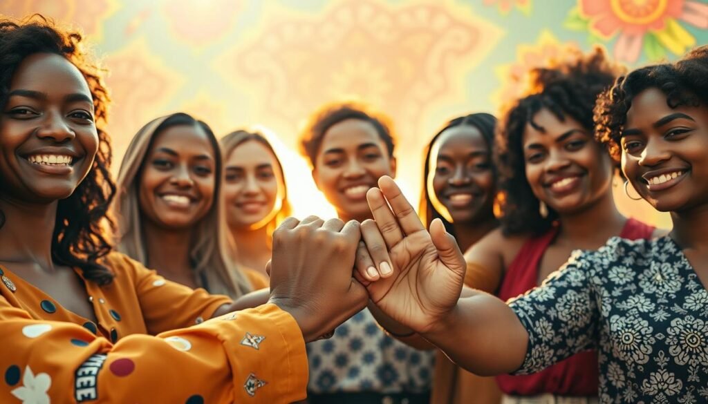 A diverse group of women from different cultures and backgrounds stand united, their hands joined in a powerful display of international solidarity. Warm sunlight filters through a vibrant, kaleidoscopic backdrop, casting a golden glow on their faces. Their expressions radiate determination, compassion, and a shared sense of purpose. In the foreground, the women's interlocked fingers symbolize the strength and unity that arises when women support one another across borders. The scene conveys a mood of hope, empowerment, and a collective commitment to lifting each other up.