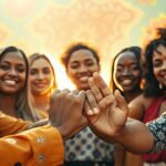 A diverse group of women from different cultures and backgrounds stand united, their hands joined in a powerful display of international solidarity. Warm sunlight filters through a vibrant, kaleidoscopic backdrop, casting a golden glow on their faces. Their expressions radiate determination, compassion, and a shared sense of purpose. In the foreground, the women's interlocked fingers symbolize the strength and unity that arises when women support one another across borders. The scene conveys a mood of hope, empowerment, and a collective commitment to lifting each other up.