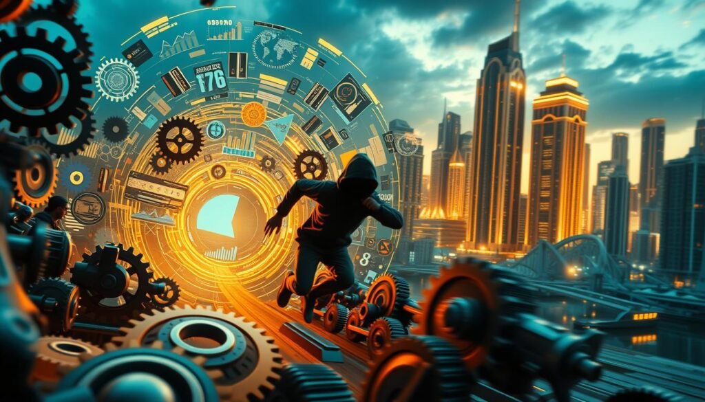 A dynamic and vibrant scene depicting a fast-paced implementation of momentum strategies. In the foreground, a figure rushes through a maze of interconnected gears, cogs, and levers, symbolizing the rapid execution of strategic initiatives. The middle ground features a swirling vortex of data visualizations, infographics, and analytics dashboards, representing the analytical insights driving the momentum. In the background, a cityscape of towering, futuristic skyscrapers bathed in a warm, golden light, conveying a sense of progress and innovation. The lighting is dramatic, with a mix of high-contrast shadows and highlights, creating a sense of urgency and energy. The camera angle is slightly elevated, providing an immersive, bird's-eye view of the momentum-building process.